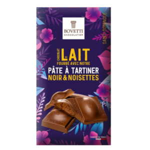 Chocolat lait bio fourrage pâte à tartiner noir et noisettes